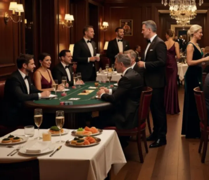 Elegantný večerný event v GoldenEveniing s jemným osvetlením, poker stolmi a fine dining servírovaním
