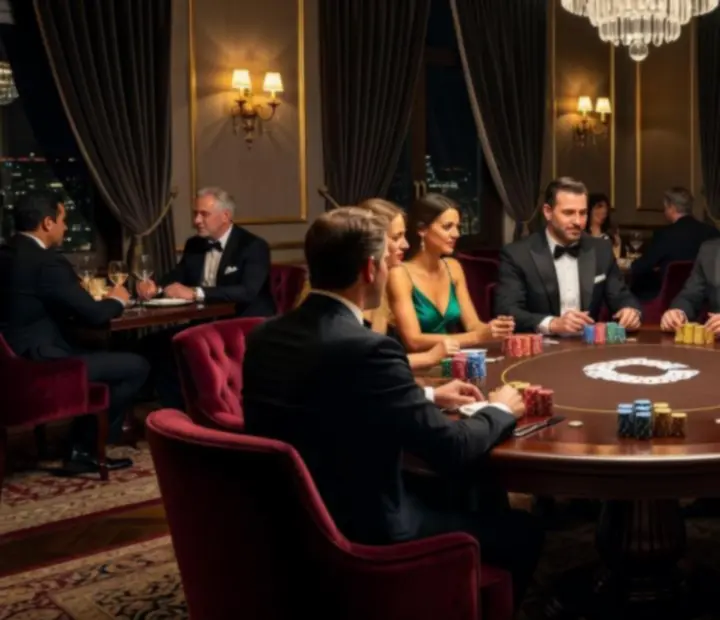 Elegantne nasvietená poker lounge GoldenEveniing počas večerného podujatia.