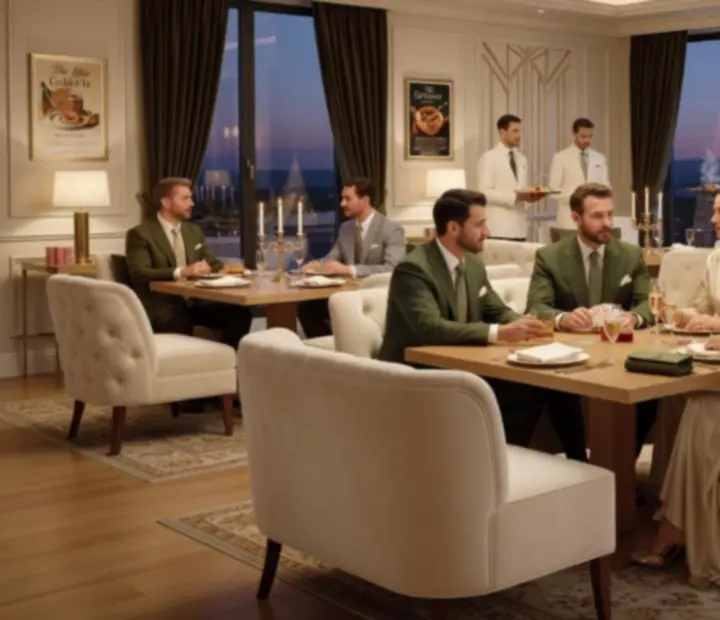 Večerný interiér luxusného poker lounge GoldenEveniing s elegantnými stolmi, jemným osvetlením a hosťami pri pohári vína.