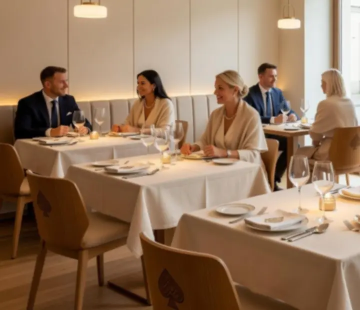 Luxusný interiér reštaurácie GoldenEveniing so štylizovanými stolmi, sviečkami a teplým ambientným osvetlením
