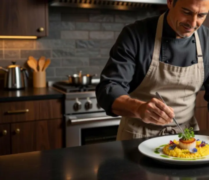 Šéfkuchár v elegantnej kuchyni pri finalizovaní fine dining pokrmu