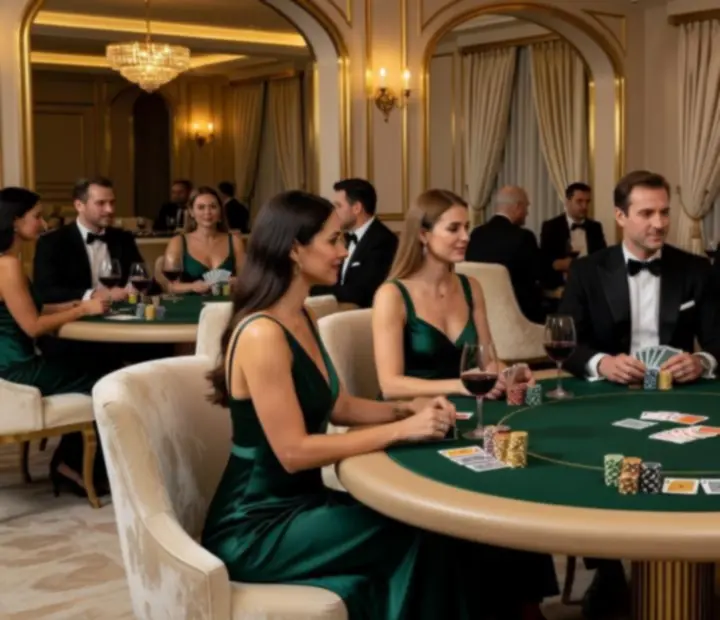Elegantný pokerový stôl pri večernom svetle so šampanským a žetónmi